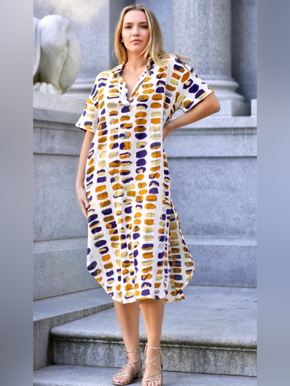 Dolma Zoe V-Neck Printed Maxi Dress in Cream, Mustard & purple NWT
